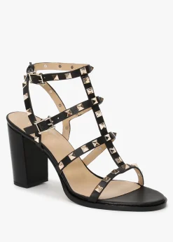 Pitter Black Leather Studded Block Heeled Sandals
