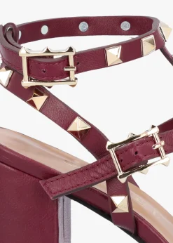 Pitter Burgundy Leather Studded Block Heeled Sandals