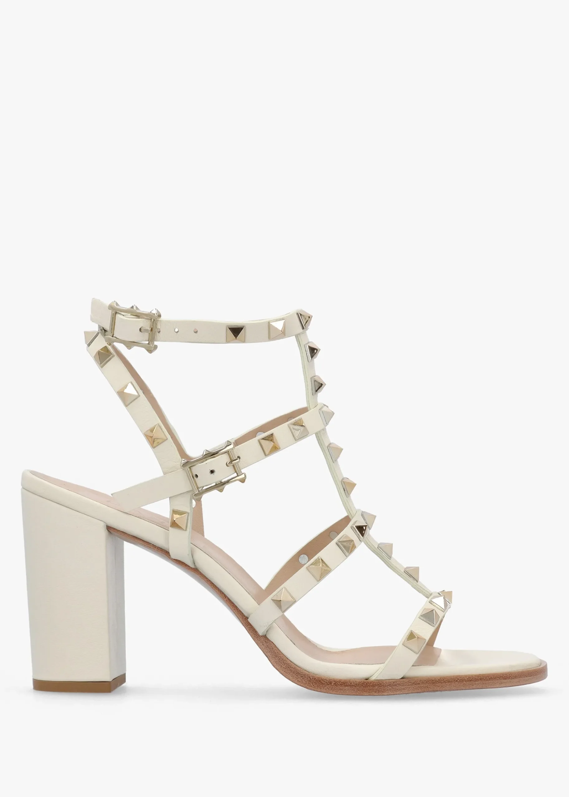 Pitter Cream Leather Studded Block Heeled Sandals