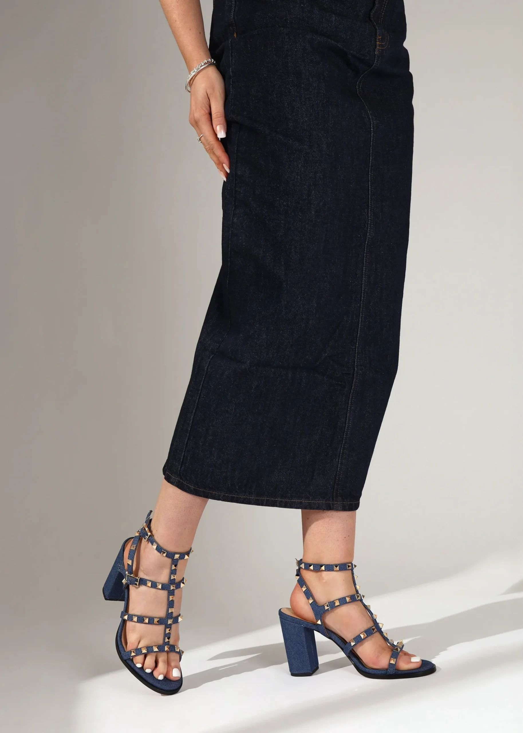 Pitter Denim Studded Block Heeled Sandals