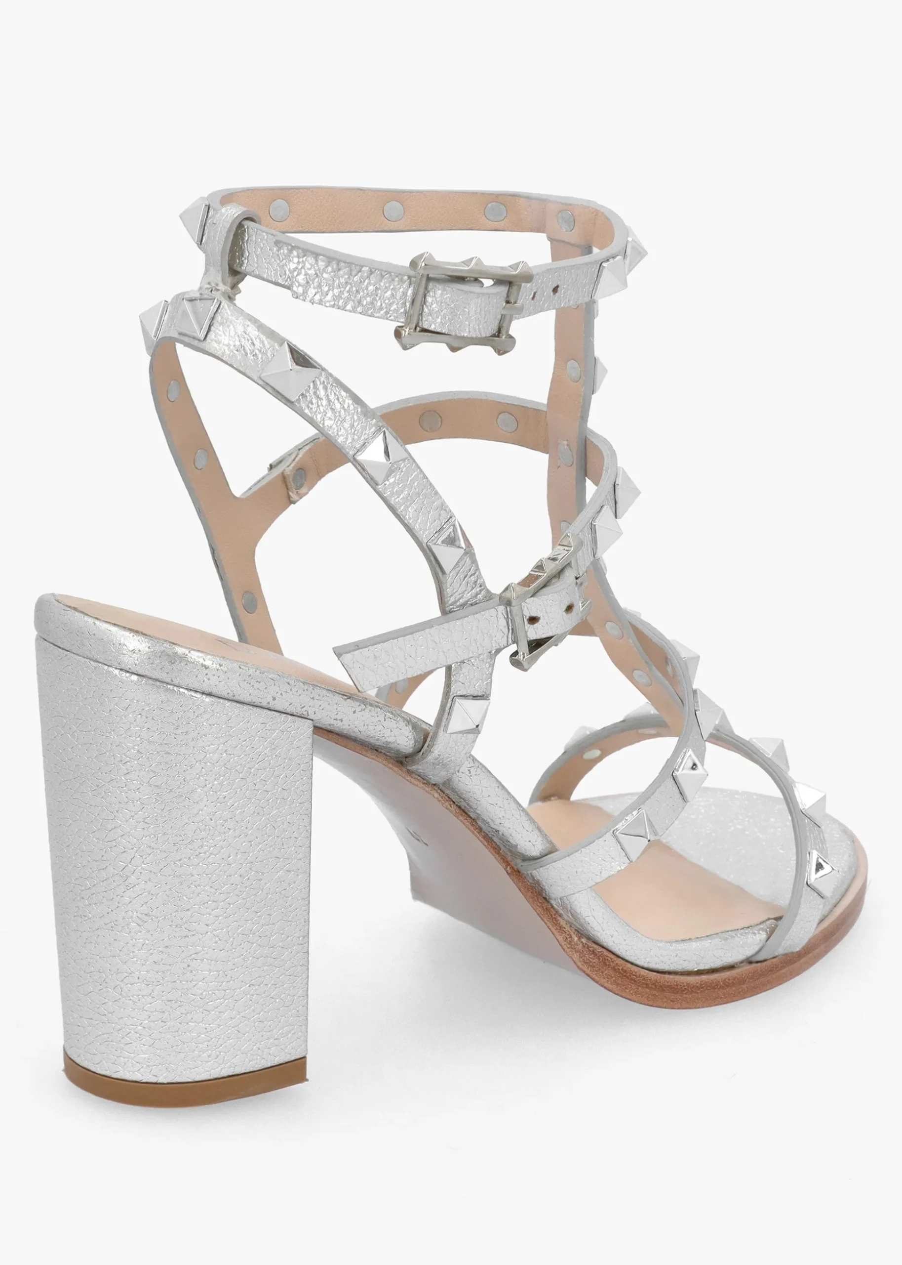 Pitter Silver Leather Studded Block Heeled Sandals