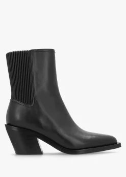Prestyn Black Leather Western Stacked Heel Ankle Boots