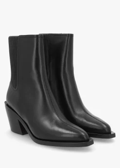 Prestyn Black Leather Western Stacked Heel Ankle Boots