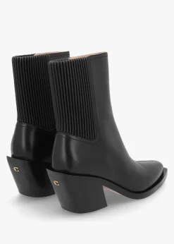 Prestyn Black Leather Western Stacked Heel Ankle Boots