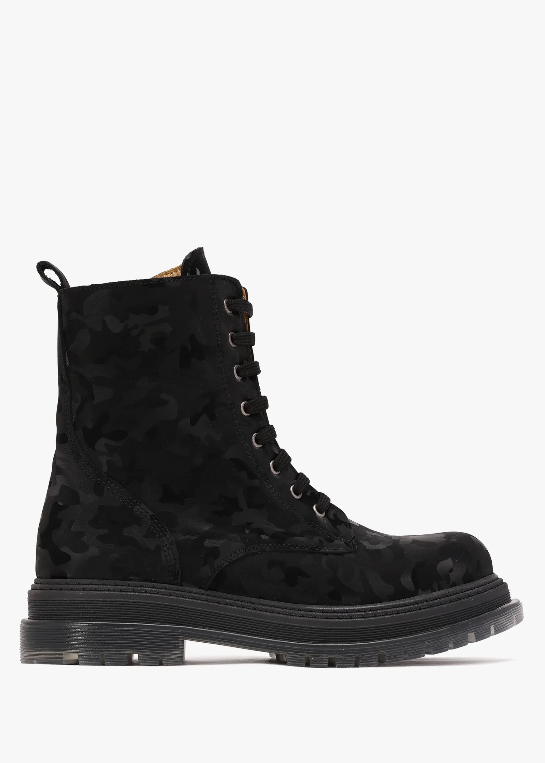 Rammie Black Leather Camo Ankle Boots