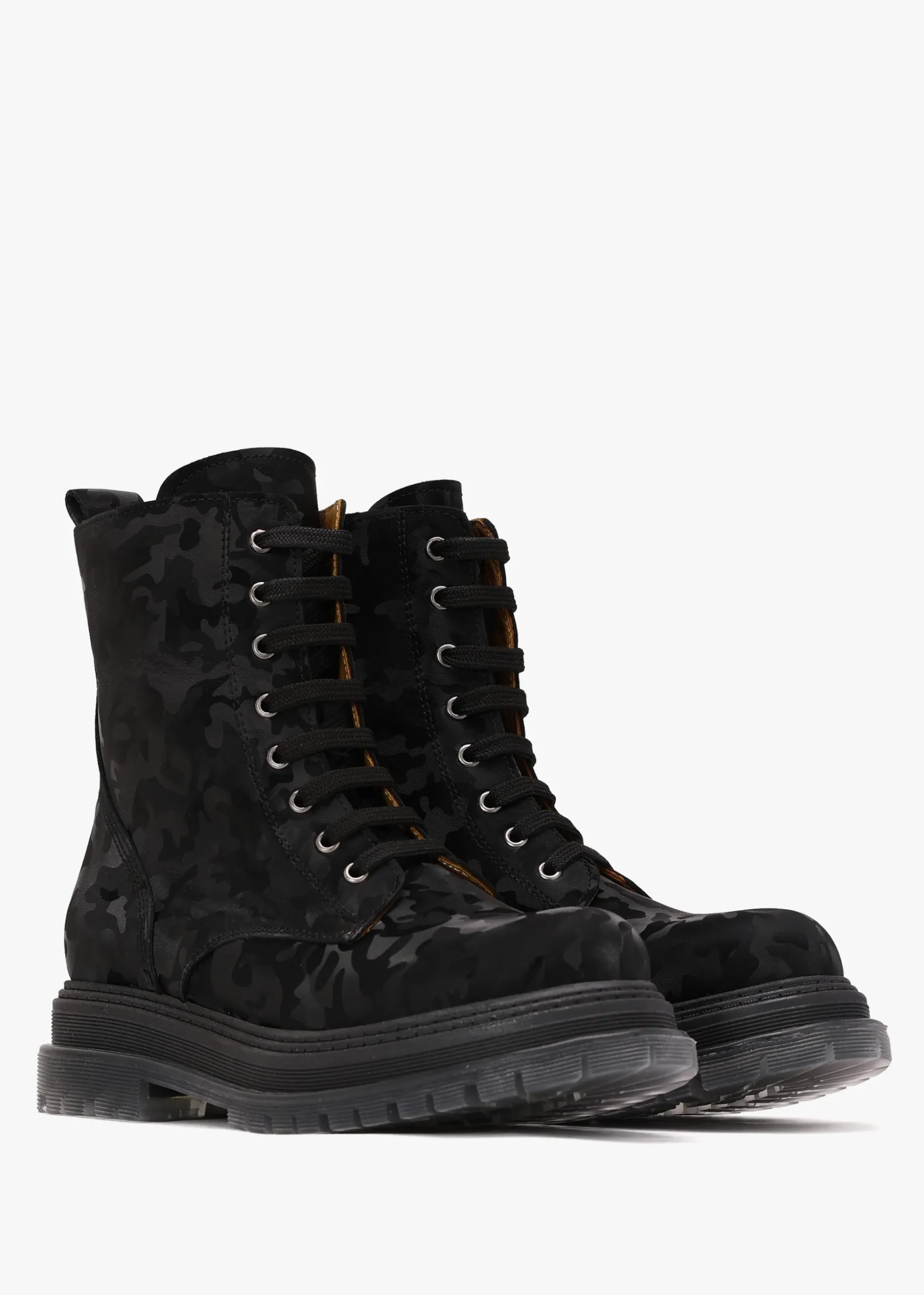 Rammie Black Leather Camo Ankle Boots