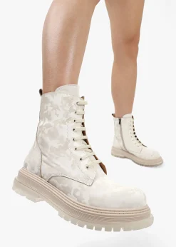 Rammie White Leather Camo Ankle Boots