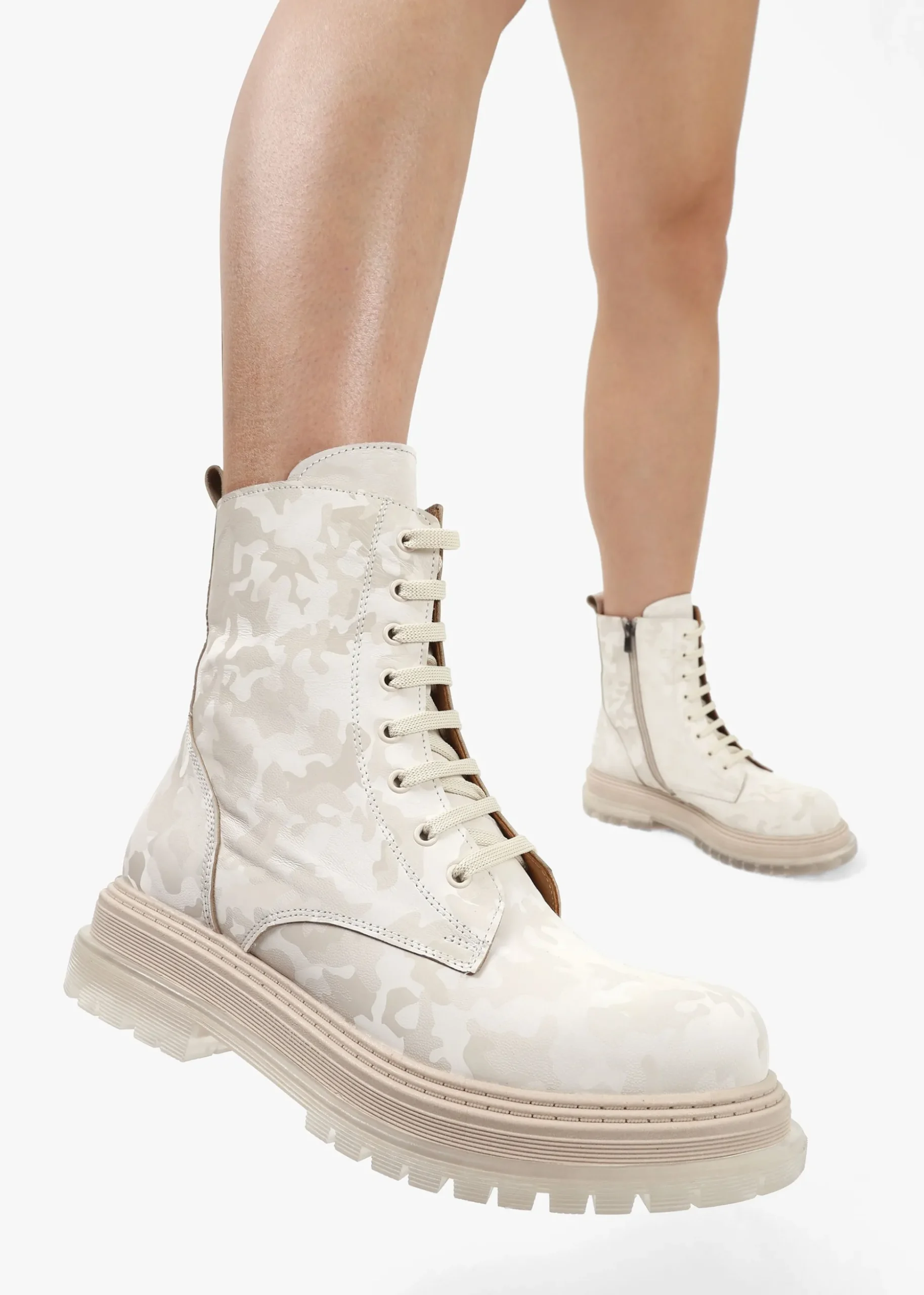 Rammie White Leather Camo Ankle Boots
