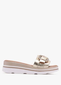Recrys Gold Leather Embellished Flat Mules
