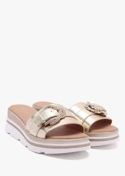Recrys Gold Leather Embellished Flat Mules