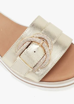 Recrys Gold Leather Embellished Flat Mules