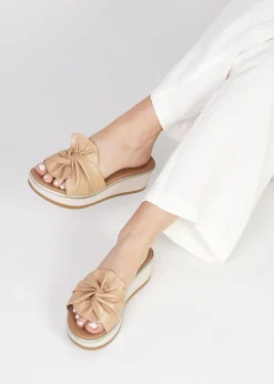 Robow Beige Leather Knot Top Mules