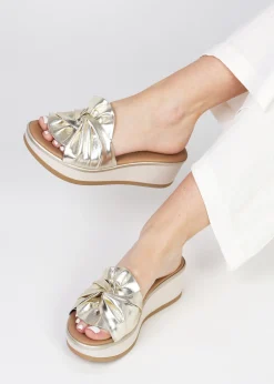 Robow Gold Leather Knot Top Mules