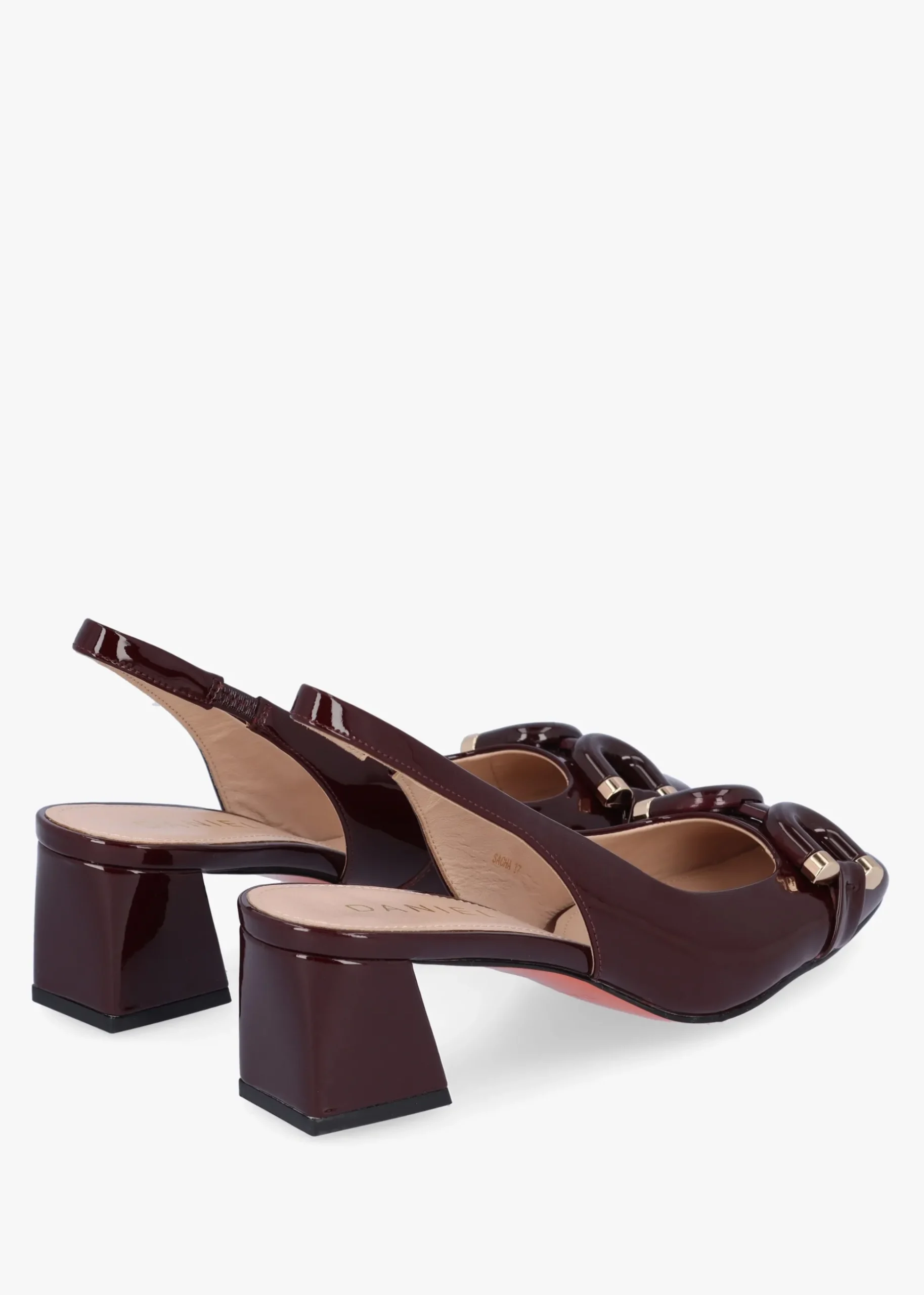 Sacha Burgundy Patent Leather Block Heel Sling Backs