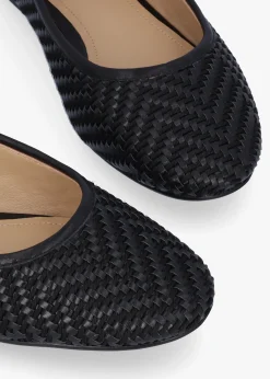 Sally Black Leather Woven Ballet Pumps