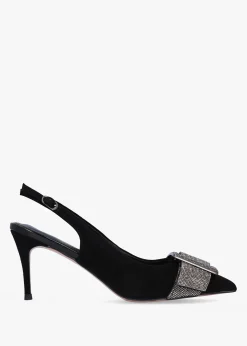 Samantha Black Suede Diamante Buckle Heeled Sling Backs
