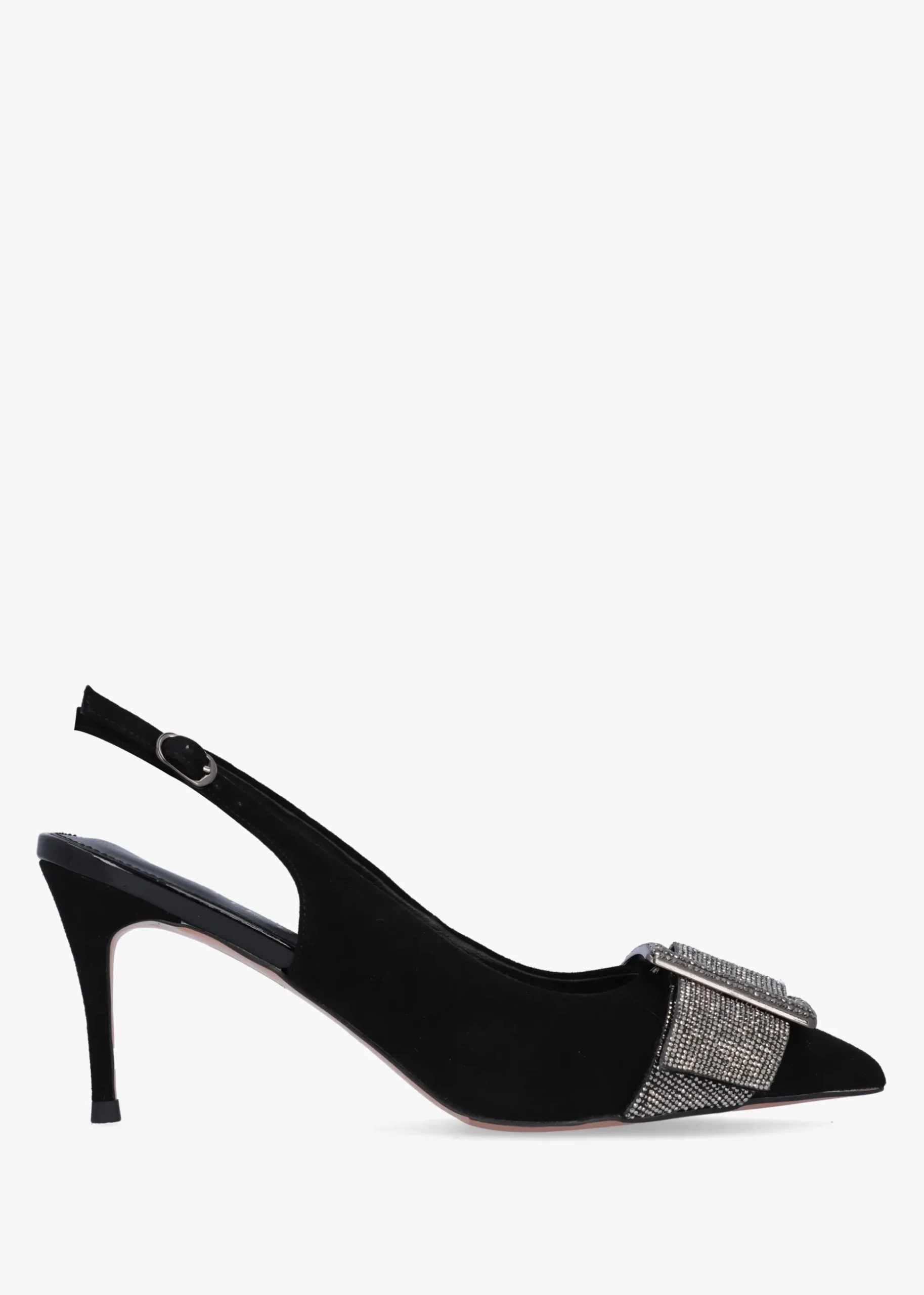 Samantha Black Suede Diamante Buckle Heeled Sling Backs