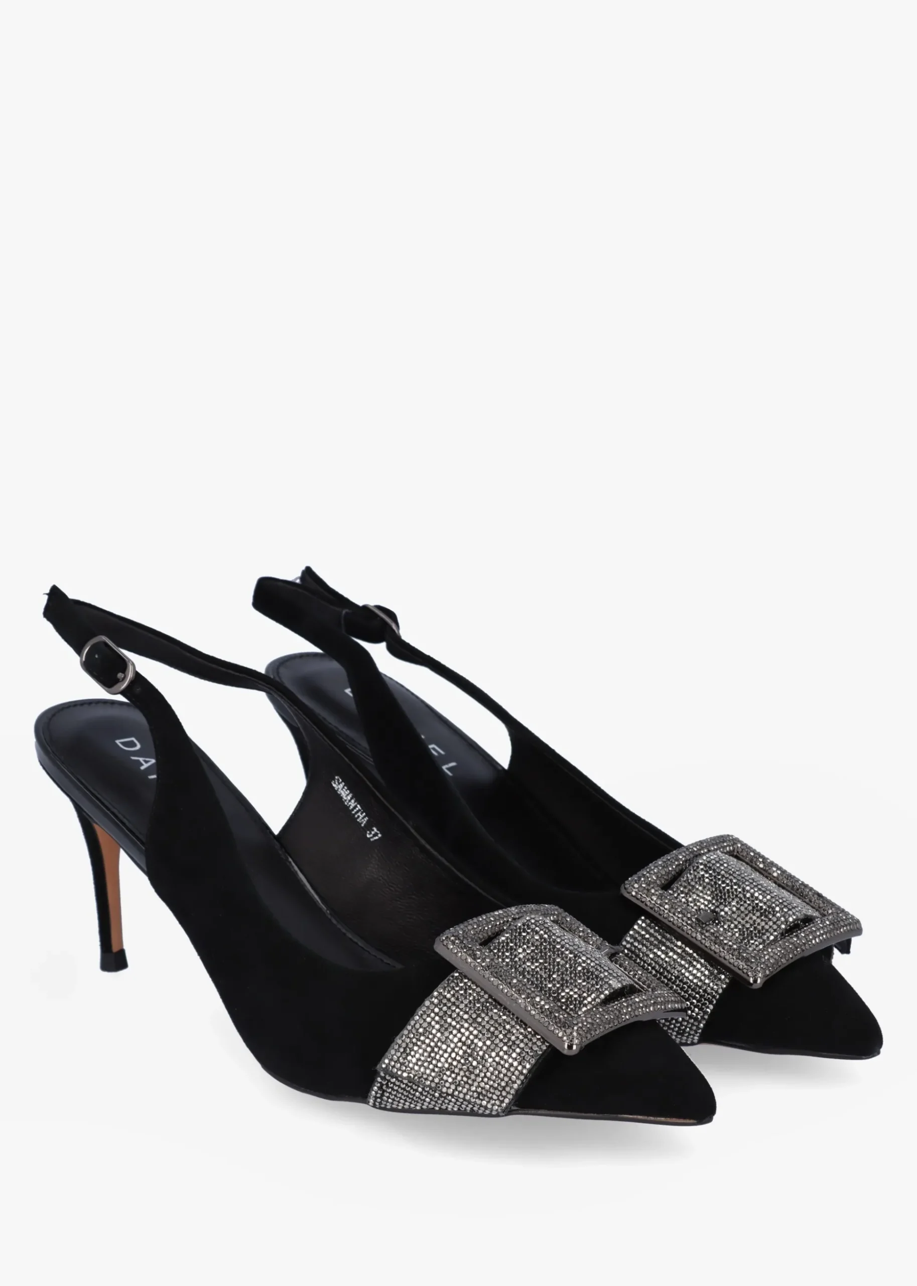 Samantha Black Suede Diamante Buckle Heeled Sling Backs
