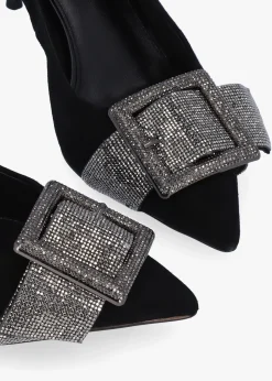 Samantha Black Suede Diamante Buckle Heeled Sling Backs