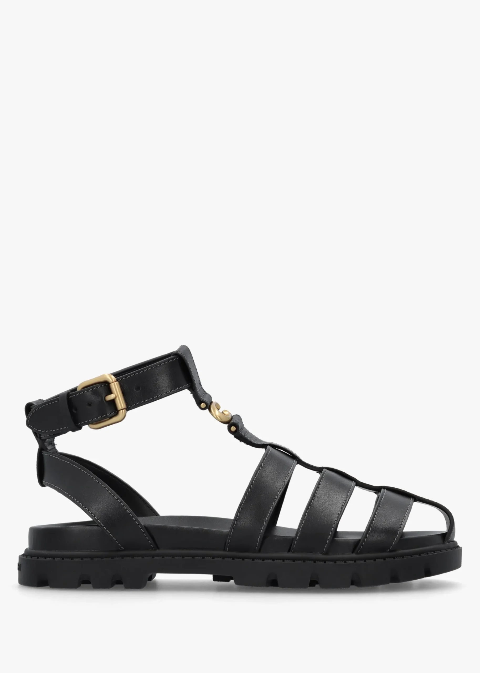 Sculpted C Fisherman Black Leather Sandals