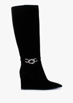 Sedge Black Suede Embellished Wedge Knee Boot