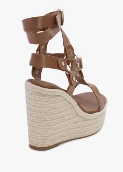 Serenity Tan Leather Ankle Tie Wedge Espadrilles