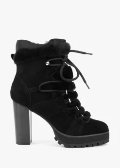 Shearl Black Suede Shearling Trim Heeled Ankle Boots