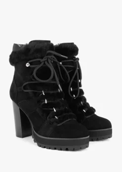 Shearl Black Suede Shearling Trim Heeled Ankle Boots