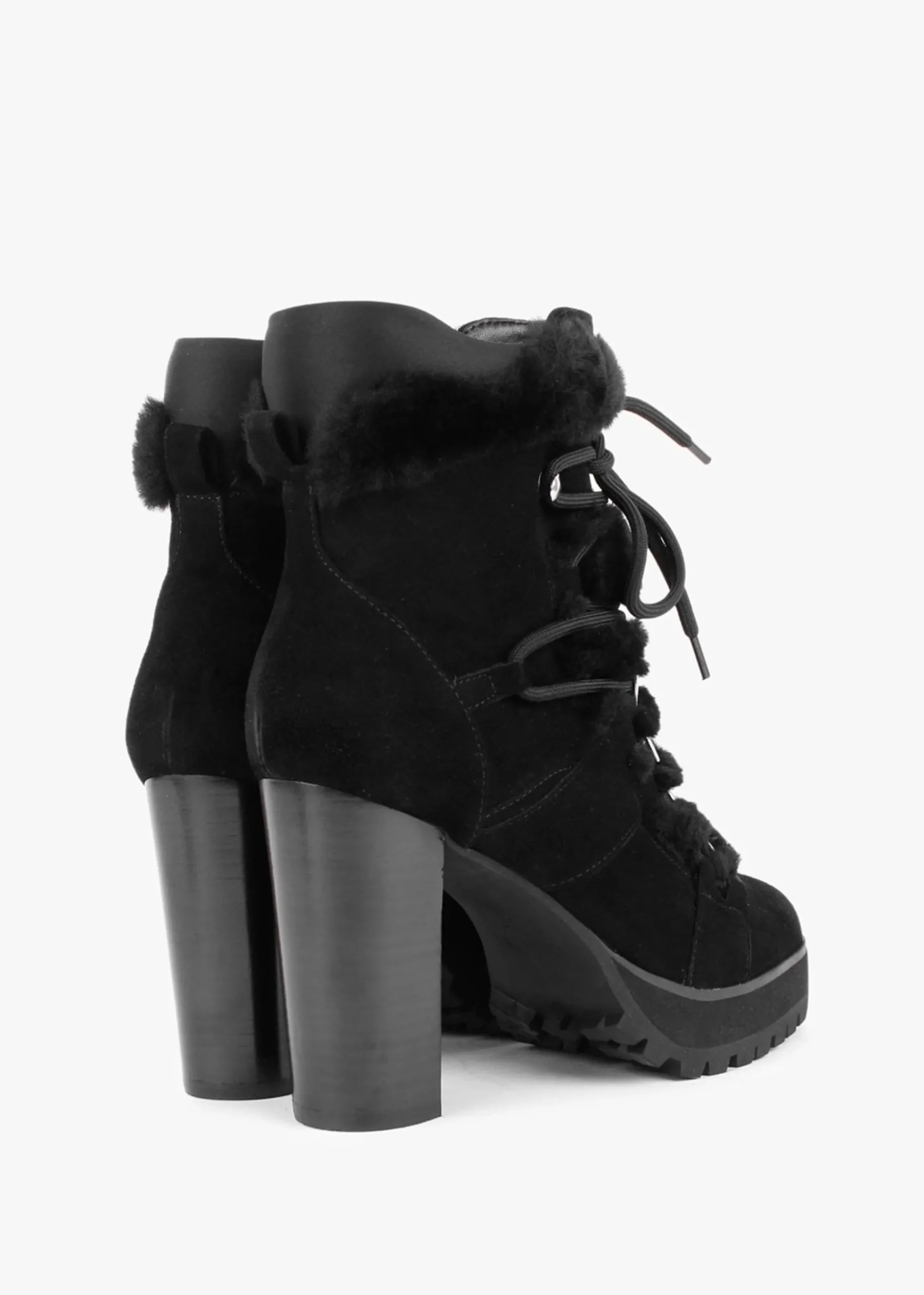 Shearl Black Suede Shearling Trim Heeled Ankle Boots