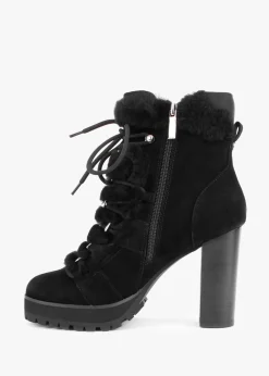 Shearl Black Suede Shearling Trim Heeled Ankle Boots
