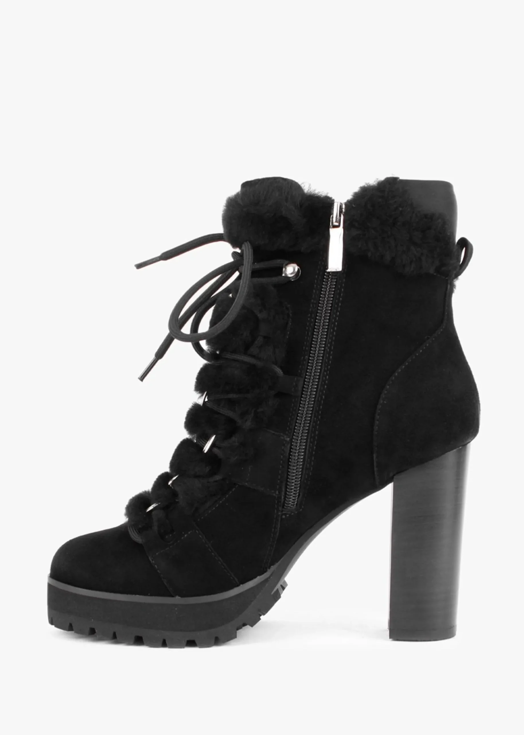 Shearl Black Suede Shearling Trim Heeled Ankle Boots