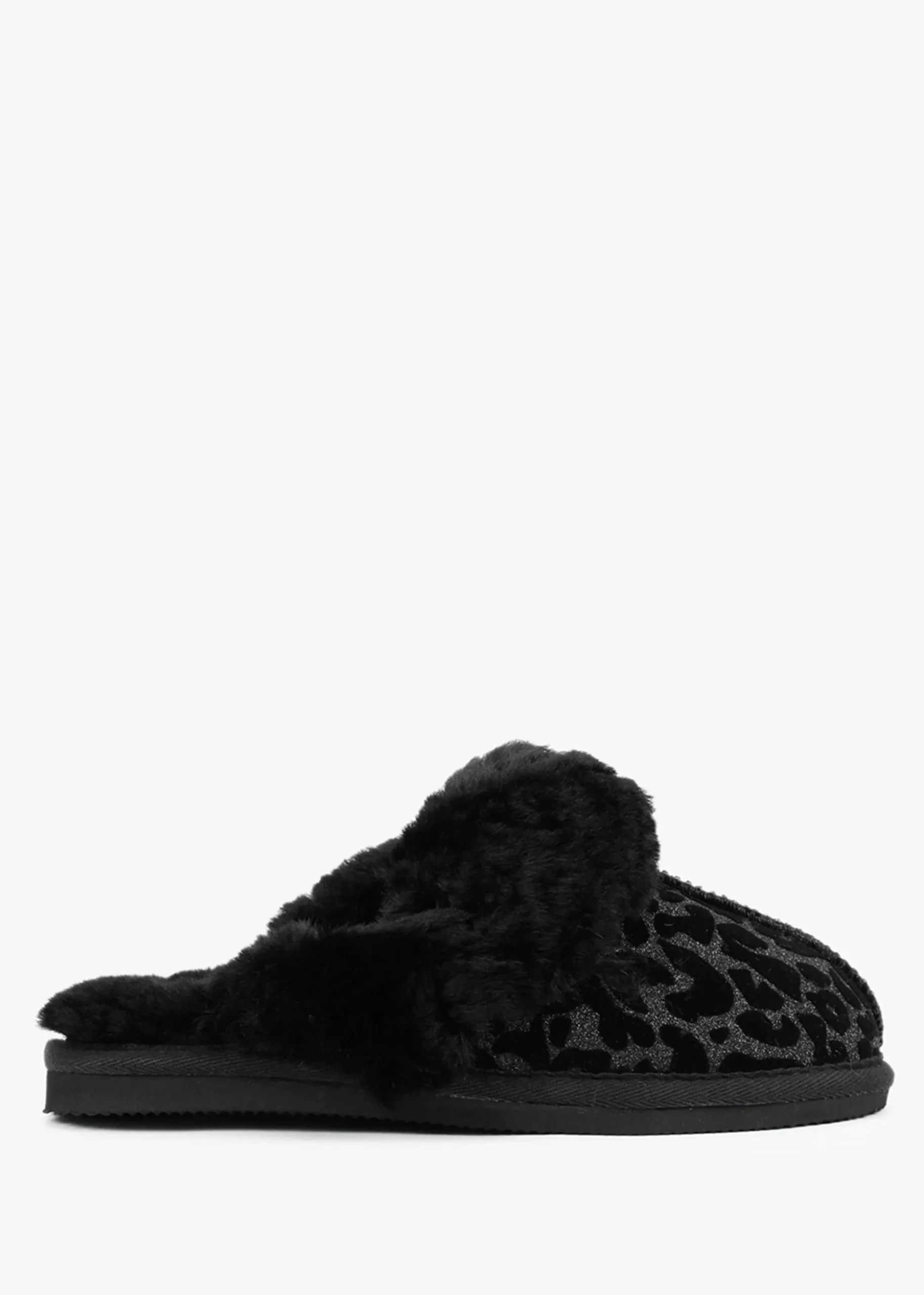 Shut Black Leopard Sheepskin Twinface Slippers