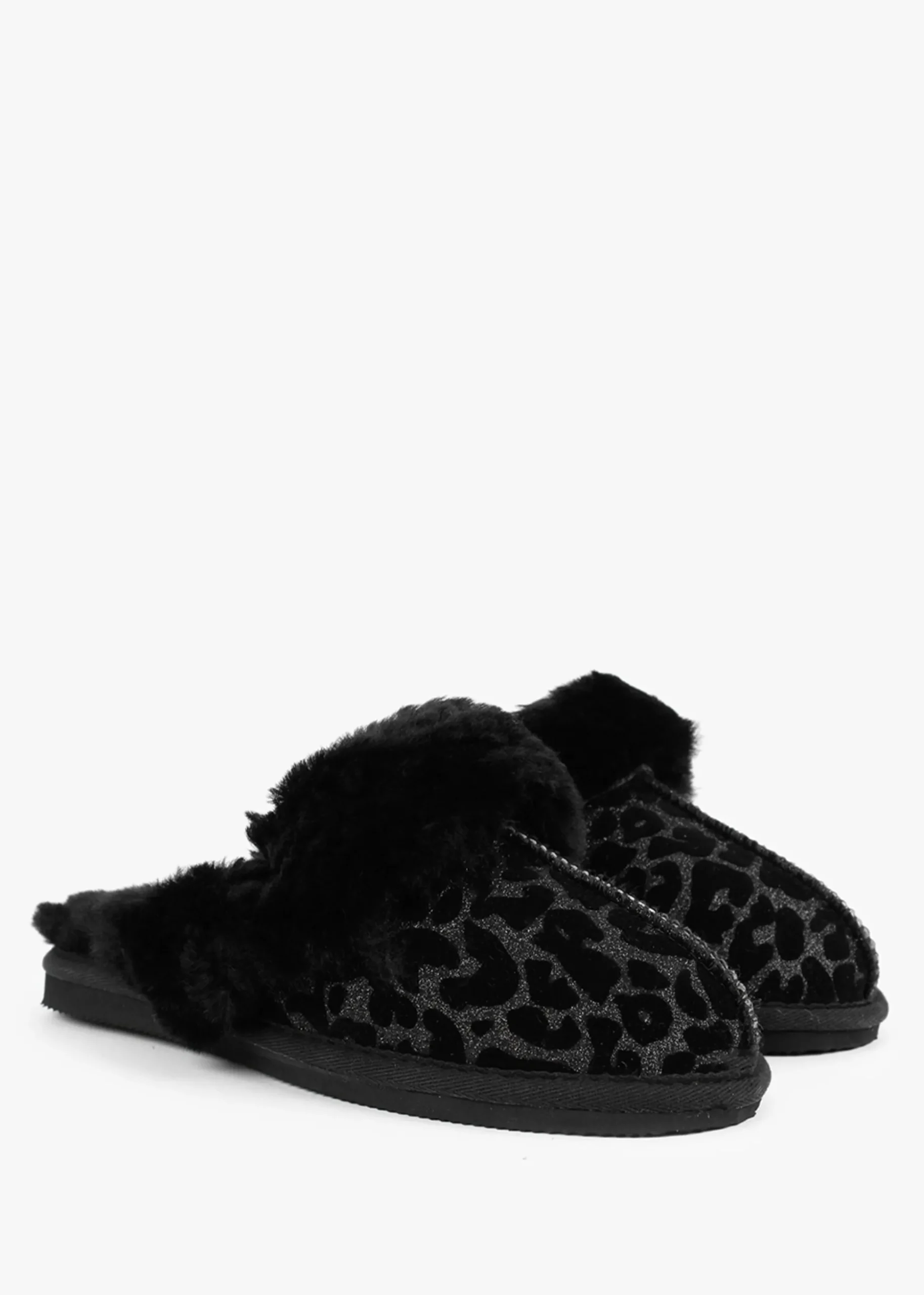 Shut Black Leopard Sheepskin Twinface Slippers