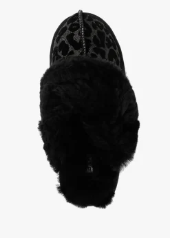Shut Black Leopard Sheepskin Twinface Slippers