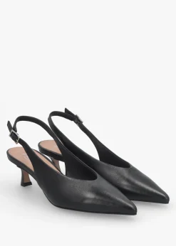 Siamma Black Leather Kitten Heel Sling Backs
