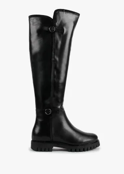 Sictor Black Leather Double Buckle Over The Knee Boots