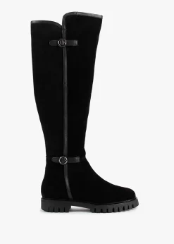 Sictor Black Suede Double Buckle Over The Knee Boots