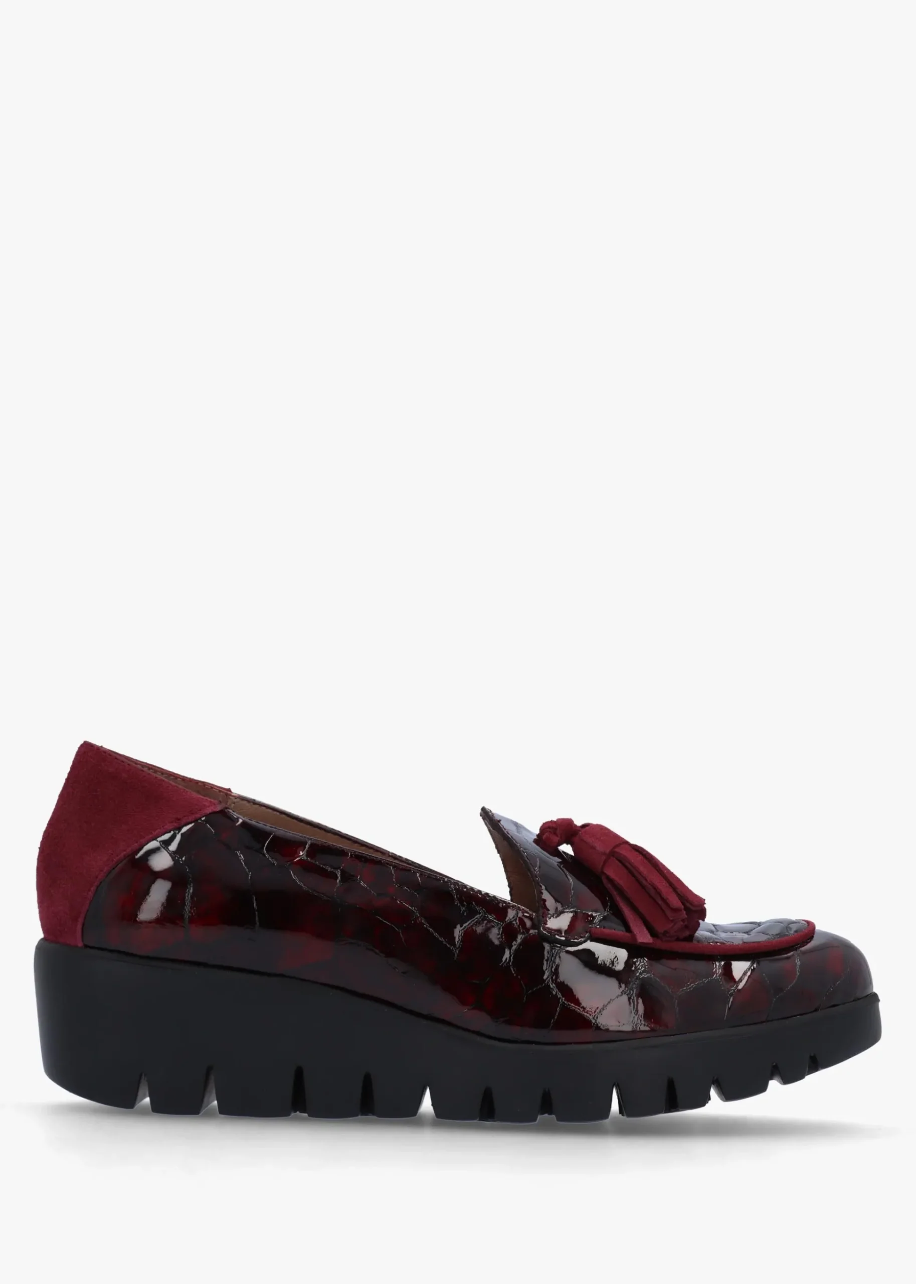 Simone Burgundy Patent Moc Croc Low Wedge Moccasins