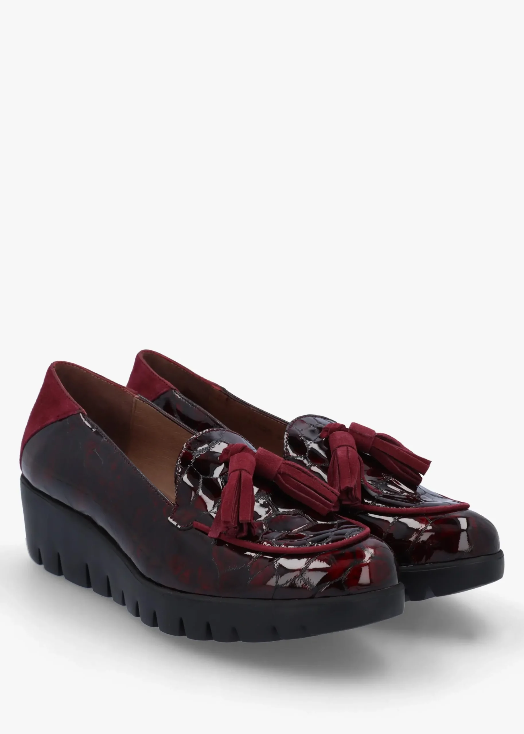 Simone Burgundy Patent Moc Croc Low Wedge Moccasins