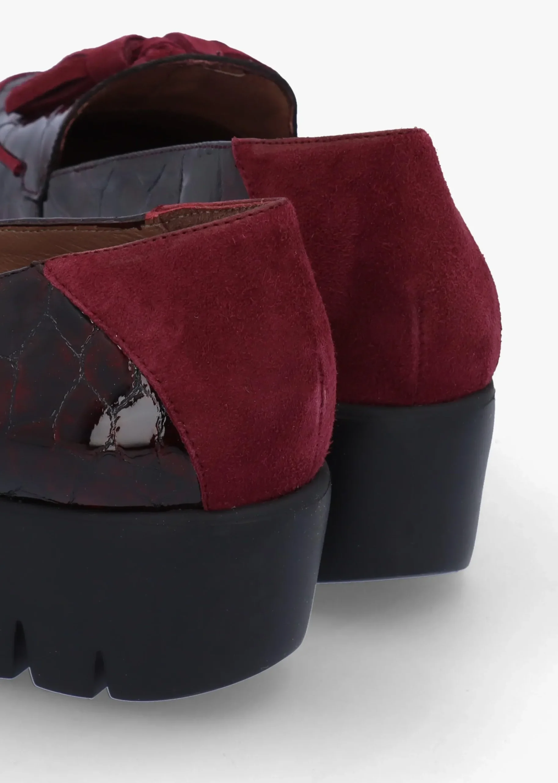 Simone Burgundy Patent Moc Croc Low Wedge Moccasins