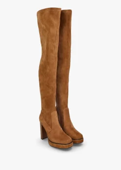 Sippy Tan Suede Over The Knee Platform Heeled Boots
