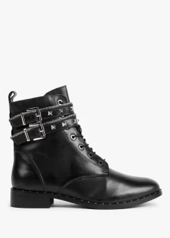 Sitfield Black Leather Studded Biker Boots