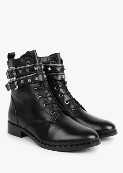 Sitfield Black Leather Studded Biker Boots