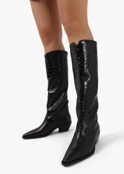 Skira Black Leather Moc Croc Western Knee Boots