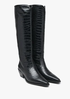 Skira Black Leather Moc Croc Western Knee Boots