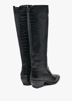 Skira Black Leather Moc Croc Western Knee Boots