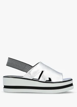 Slinger Silver Leather Low Wedge Sandals