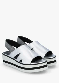 Slinger Silver Leather Low Wedge Sandals