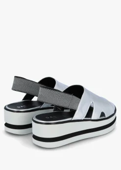 Slinger Silver Leather Low Wedge Sandals