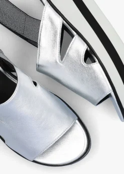 Slinger Silver Leather Low Wedge Sandals